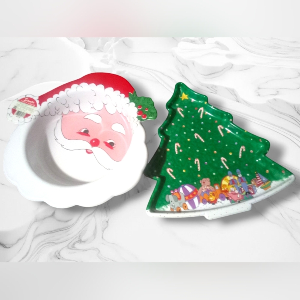 Festive Christmas Tree Cookie Tray & Jolly Santa Face Serving Bowl